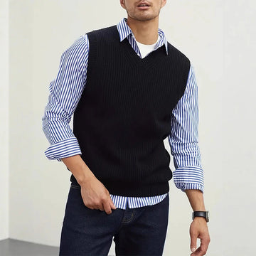 Riolio New Popular Preppy Style Men Sweater Vest Casual Knitted Streetwear Solid Color V Neck Waistcoat Leisure High Quality Knitwear